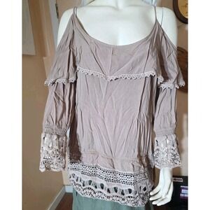 I TOO Y2K‎ Boho Peasant Crochet Lace Off Shoulder Embroidered Top Sz M/L